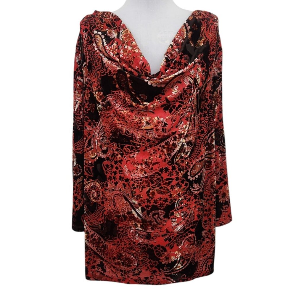 Women’s 3X Rust & Black Paisley Cowl Neck Stretch Tunic Crushed Velvet Blouse